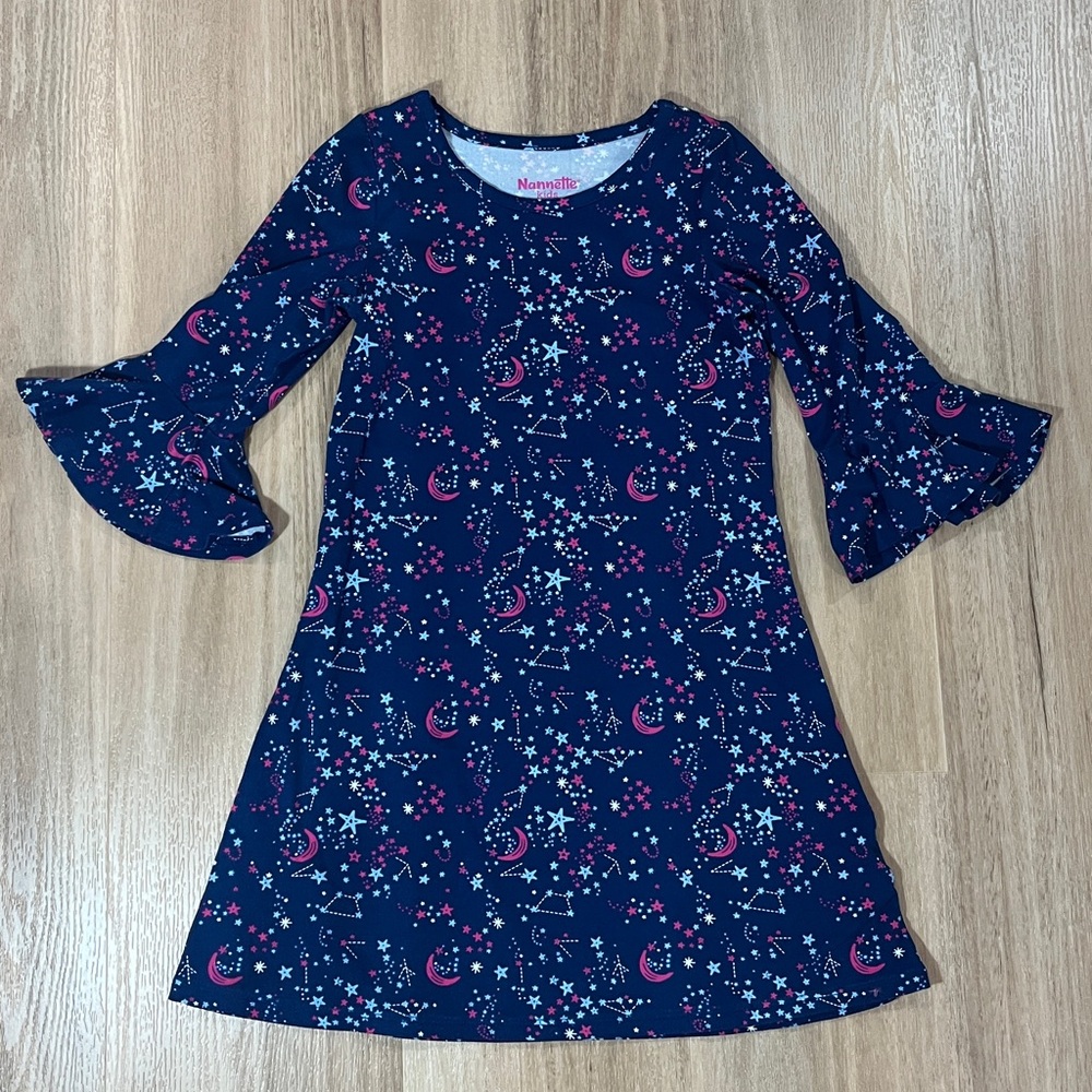 Nannette Kids Celestial Space Dress Navy Blue with Pink Stars & Moon Size 6